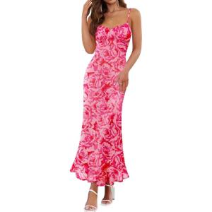 imageZESICA Womens Summer Floral Spaghetti Straps Maxi Dress 2026 Sleeveless Square Neck Bodycon Beach Boho Long DressesRose
