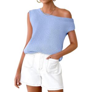 imageZESICA Womens Summer Off The Shoulder Knit Tops 2026 Casual Short Sleeve Oversized ShirtBlue