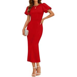 imageZESICA Womens Summer Short Sleeve Bodycon Midi Dress 2026 Spring Elegant Formal Wedding Guest Cocktail Party DressesRed