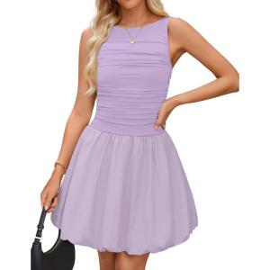imageZESICA Womens Summer Sleeveless Bubble Mini Dress 2026 Boat Neck Ruched A Line Short Cocktail Party DressesPurple