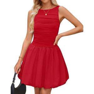 imageZESICA Womens Summer Sleeveless Bubble Mini Dress 2026 Boat Neck Ruched A Line Short Cocktail Party DressesRed