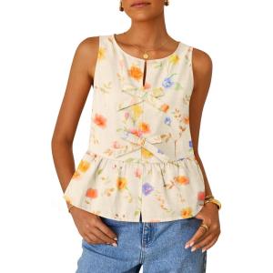 imageZESICA Womens Summer Sleeveless Gingham Tank Tops 2026 Crewneck Tie Front Top Loose Ruffle Peplum Babydoll BlousesApricot