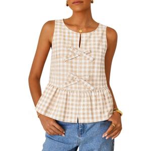 imageZESICA Womens Summer Sleeveless Gingham Tank Tops 2026 Crewneck Tie Front Top Loose Ruffle Peplum Babydoll BlousesBeige
