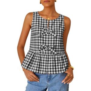 imageZESICA Womens Summer Sleeveless Gingham Tank Tops 2026 Crewneck Tie Front Top Loose Ruffle Peplum Babydoll BlousesBlack