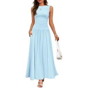 imageZESICA Womens Summer Sleeveless Maxi Dress 2026 Casual Crewneck Pleated Flowy Long Dress with PocketsBlue
