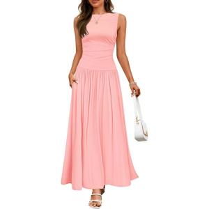 imageZESICA Womens Summer Sleeveless Maxi Dress 2026 Casual Crewneck Pleated Flowy Long Dress with PocketsPink