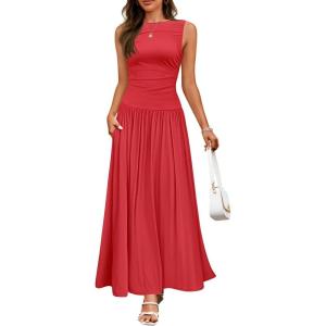 imageZESICA Womens Summer Sleeveless Maxi Dress 2026 Casual Crewneck Pleated Flowy Long Dress with PocketsRed