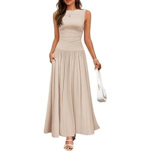imageZESICA Womens Summer Sleeveless Maxi Dress 2026 Casual Crewneck Pleated Flowy Long Dress with PocketsSand