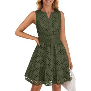 imageZESICA Womens Summer Sleeveless Mini Dress V Neck Hollow Out Eyelet Flowy A Line Beach Vacation Party Short DressesArmygreen