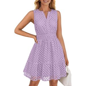 imageZESICA Womens Summer Sleeveless Mini Dress V Neck Hollow Out Eyelet Flowy A Line Beach Vacation Party Short DressesPurple