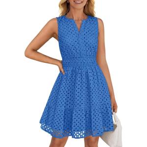 imageZESICA Womens Summer Sleeveless Mini Dress V Neck Hollow Out Eyelet Flowy A Line Beach Vacation Party Short DressesRoyal Blue