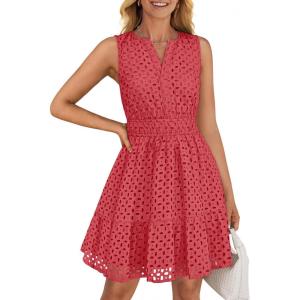 imageZESICA Womens Summer Sleeveless Mini Dress V Neck Hollow Out Eyelet Flowy A Line Beach Vacation Party Short DressesWatermelon