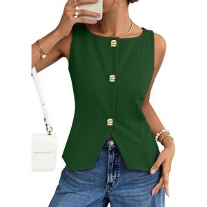 imageZESICA Womens Summer Sleeveless Suit Vest 2026 Boat Neck Button Down Formal Vest Tops Casual Trendy Work Blazer WaistcoatGreen