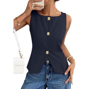 imageZESICA Womens Summer Sleeveless Suit Vest 2026 Boat Neck Button Down Formal Vest Tops Casual Trendy Work Blazer WaistcoatNavy