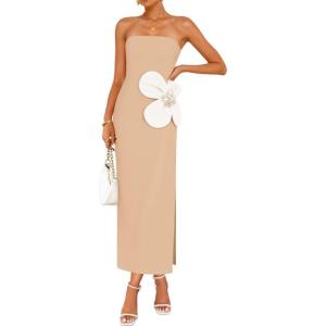 imageZESICA Womens Summer Strapless Bodycon Maxi Dress 2026 Ribbed Knit Backless Floral Tube Cocktail Party Long DressesApricot