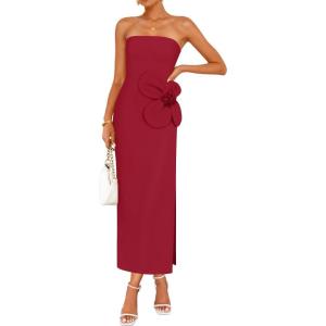 imageZESICA Womens Summer Strapless Bodycon Maxi Dress 2026 Ribbed Knit Backless Floral Tube Cocktail Party Long DressesDark Red