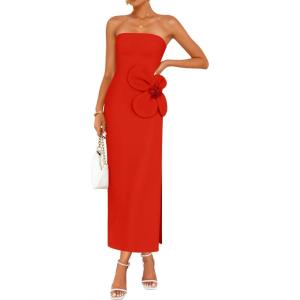 imageZESICA Womens Summer Strapless Bodycon Maxi Dress 2026 Ribbed Knit Backless Floral Tube Cocktail Party Long DressesRed
