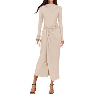 imageZESICA Womens 2026 Spring Long Sleeve Bodycon Dress Mock Neck Wedding Guest Cocktail Party Long Midi DressesApricot