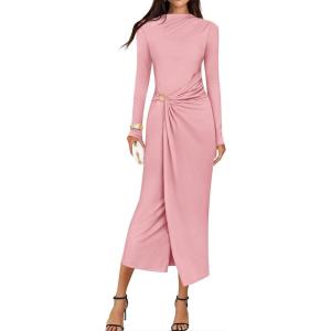 imageZESICA Womens 2026 Spring Long Sleeve Bodycon Dress Mock Neck Wedding Guest Cocktail Party Long Midi DressesPink
