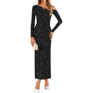 imageZESICA Womens Fall Floral Off Shoulder Bodycon Maxi Dresses 2026 Long Sleeve Ruched Elegant Cocktail Party DressBlack