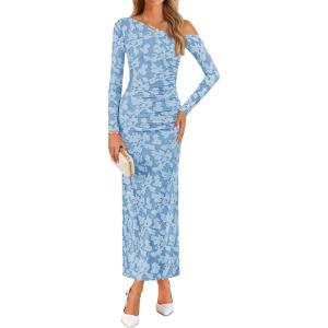 imageZESICA Womens Fall Floral Off Shoulder Bodycon Maxi Dresses 2026 Long Sleeve Ruched Elegant Cocktail Party DressDustyblue