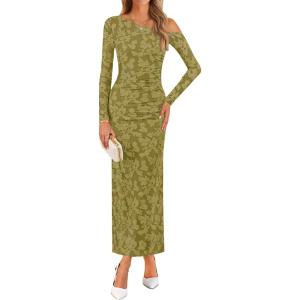 imageZESICA Womens Fall Floral Off Shoulder Bodycon Maxi Dresses 2026 Long Sleeve Ruched Elegant Cocktail Party DressGreen