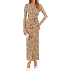 imageZESICA Womens Fall Floral Off Shoulder Bodycon Maxi Dresses 2026 Long Sleeve Ruched Elegant Cocktail Party DressKhaki