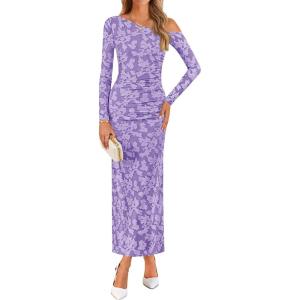 imageZESICA Womens Fall Floral Off Shoulder Bodycon Maxi Dresses 2026 Long Sleeve Ruched Elegant Cocktail Party DressPurple
