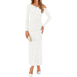 imageZESICA Womens Fall Floral Off Shoulder Bodycon Maxi Dresses 2026 Long Sleeve Ruched Elegant Cocktail Party DressWhite