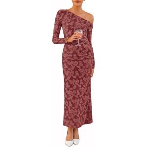 imageZESICA Womens Fall Floral Off Shoulder Bodycon Maxi Dresses 2026 Long Sleeve Ruched Elegant Cocktail Party DressWinered