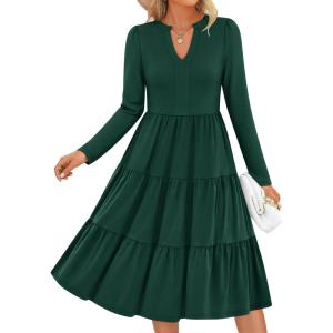 imageZESICA Womens Long Sleeve Fall Dresses 2026 Fashion V Neck Casual Loose Ruffle Flowy A Line Tiered Midi DressDarkgreen
