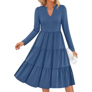 imageZESICA Womens Long Sleeve Fall Dresses 2026 Fashion V Neck Casual Loose Ruffle Flowy A Line Tiered Midi DressDustyblue