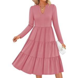 imageZESICA Womens Long Sleeve Fall Dresses 2026 Fashion V Neck Casual Loose Ruffle Flowy A Line Tiered Midi DressPink