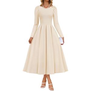 imageZESICA Womens Long Sleeve Midi Dresses 2026 Fall Elegant Crewneck Swing A Line Wedding Guest Party Dress with PocketsApricot