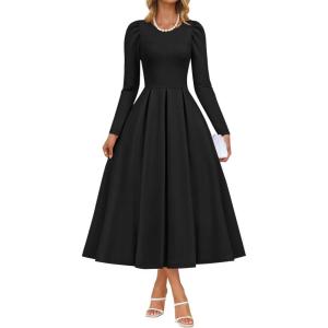 imageZESICA Womens Long Sleeve Midi Dresses 2026 Fall Elegant Crewneck Swing A Line Wedding Guest Party Dress with PocketsBlack