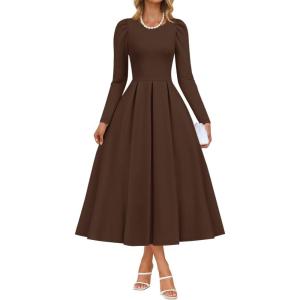 imageZESICA Womens Long Sleeve Midi Dresses 2026 Fall Elegant Crewneck Swing A Line Wedding Guest Party Dress with PocketsBrown