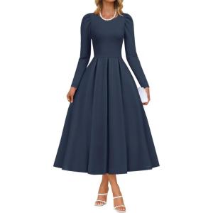 imageZESICA Womens Long Sleeve Midi Dresses 2026 Fall Elegant Crewneck Swing A Line Wedding Guest Party Dress with PocketsNavy