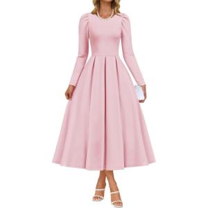 imageZESICA Womens Long Sleeve Midi Dresses 2026 Fall Elegant Crewneck Swing A Line Wedding Guest Party Dress with PocketsPink