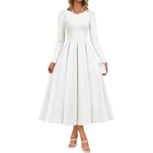 imageZESICA Womens Long Sleeve Midi Dresses 2026 Fall Elegant Crewneck Swing A Line Wedding Guest Party Dress with PocketsWhite