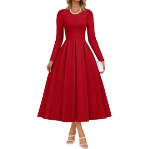 imageZESICA Womens Long Sleeve Midi Dresses 2026 Fall Elegant Crewneck Swing A Line Wedding Guest Party Dress with PocketsWine