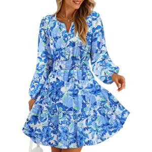 imageZESICA Womens Spring Long Sleeve Floral Mini Dress 2026 Summer Boho V Neck ALine Flowy Dresses Beach Vacation ClothesBlue