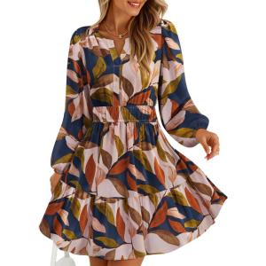 imageZESICA Womens Spring Long Sleeve Floral Mini Dress 2026 Summer Boho V Neck ALine Flowy Dresses Beach Vacation ClothesBrown