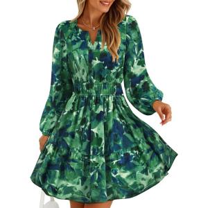 imageZESICA Womens Spring Long Sleeve Floral Mini Dress 2026 Summer Boho V Neck ALine Flowy Dresses Beach Vacation ClothesDarkgreen