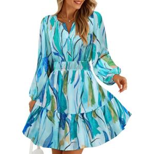 imageZESICA Womens Spring Long Sleeve Floral Mini Dress 2026 Summer Boho V Neck ALine Flowy Dresses Beach Vacation ClothesLake