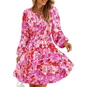 imageZESICA Womens Spring Long Sleeve Floral Mini Dress 2026 Summer Boho V Neck ALine Flowy Dresses Beach Vacation ClothesRed
