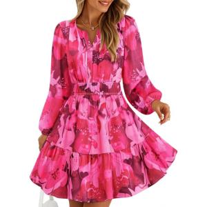 imageZESICA Womens Spring Long Sleeve Floral Mini Dress 2026 Summer Boho V Neck ALine Flowy Dresses Beach Vacation ClothesRose