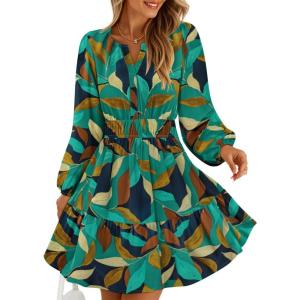 imageZESICA Womens Spring Long Sleeve Floral Mini Dress 2026 Summer Boho V Neck ALine Flowy Dresses Beach Vacation ClothesTurquoise