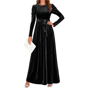 imageZESICA Womens Velvet Maxi Dress Fall 2026 Long Puff Sleeve Crew Neck Elastic High Waist Cocktail Party Bridesmaid DressesBlack