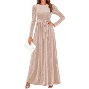 imageZESICA Womens Velvet Maxi Dress Fall 2026 Long Puff Sleeve Crew Neck Elastic High Waist Cocktail Party Bridesmaid DressesChampagne