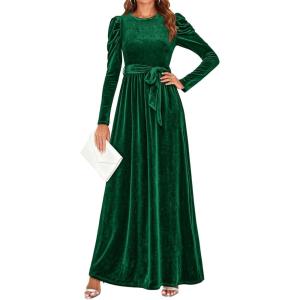 imageZESICA Womens Velvet Maxi Dress Fall 2026 Long Puff Sleeve Crew Neck Elastic High Waist Cocktail Party Bridesmaid DressesDark Green